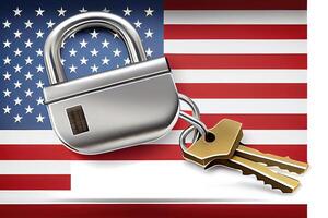 Happy labor day, Usa flag and padlock with keys. photo