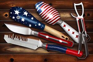 Happy labor day. Bbq tools with july 4th decorations on wood background. photo