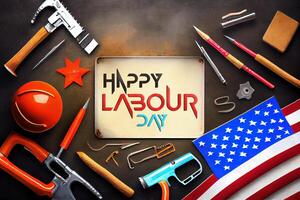 Top view design concept of american labor day with working tools. photo
