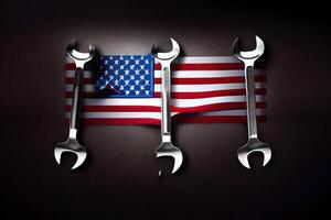 Labor day concept different kinds wrenches with american flag on black. photo