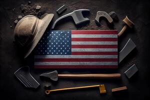 Labor day background with flag and tools. photo