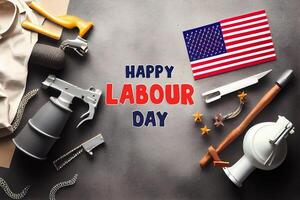 Top view design concept of american labor day with working tools. photo