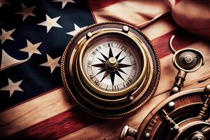 Compass and ship on usa flag close up. top view. Happy Labor Day. photo