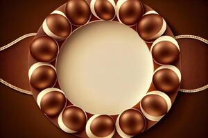 Round frame of chocolates on a brown background. photo