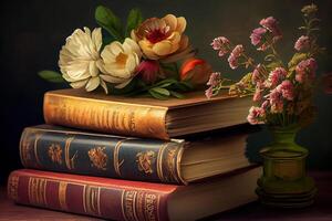 Stack of vintage books and a bouquet of beautiful flowers. photo
