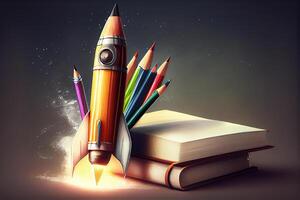 Back To School - Books And Pencils With Rocket Sketch. photo