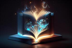 open magic book, blue cool white light from a book. photo