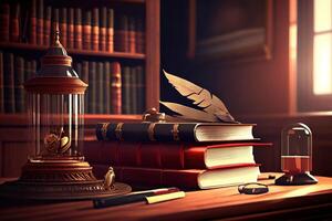 Old quill pen, books and vintage inkwell on wooden desk. photo