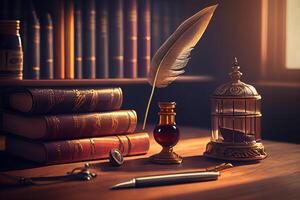 Old quill pen, books and vintage inkwell on wooden desk. photo