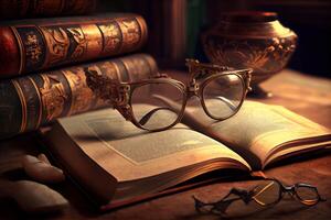 A vintage pile of five old brown leather books. photo