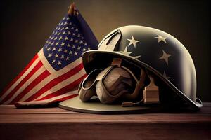 Happy labor day, Military helmets and american flag on veterans . photo