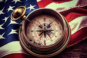 Compass and ship on usa flag close up. top view. Happy Labor Day. photo