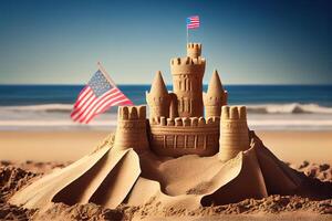 Happy Labor Day. Sand castle with American flag on beach. photo