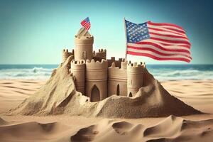 Happy Labor Day. Cuban sandcastle with American flag on beach. photo