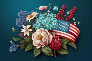 Happy Labor day. Beautiful bouquet with american flag on blue background. photo