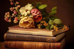 Stack of vintage books and a bouquet of beautiful flowers. photo