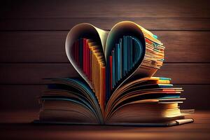 Heart shape stacked of books on wooden background. photo