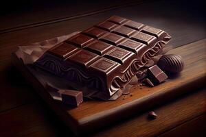 Pieces of black chocolate on wooden table. photo