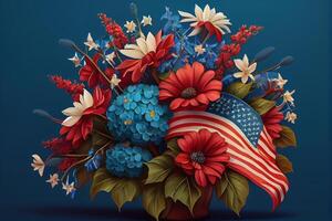 Happy Labor day. Memorial day with american flag and flower on wooden background. photo