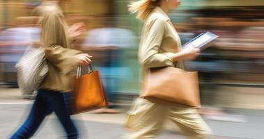 Two blurred in motion women with bags on city street photo