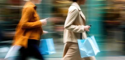 Two blurred in motion women with bags on city street photo