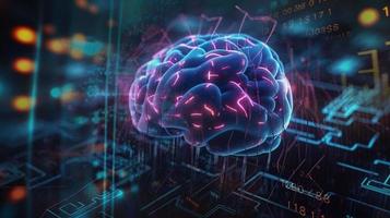 artificial intelligence background in the form of a human brain, against the background of graphs of numbers and calculations. Interaction between AI and humans. ai generation photo
