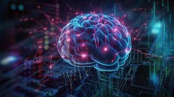 artificial intelligence background in the form of a human brain, against the background of graphs of numbers and calculations. Interaction between AI and humans. ai generation photo