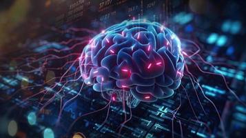 artificial intelligence background in the form of a human brain, against the background of graphs of numbers and calculations. Interaction between AI and humans. ai generation photo