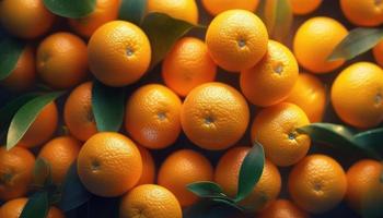 background of realistic unpeeled orange tangerines lying on top of each other, bright juicy orange colors, ai generation photo