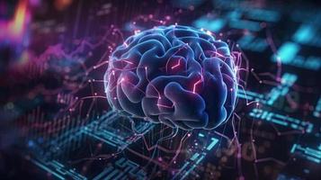 artificial intelligence background in the form of a human brain, against the background of graphs of numbers and calculations. Interaction between AI and humans. ai generation photo