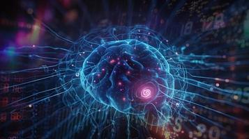 artificial intelligence background in the form of a human brain, against the background of graphs of numbers and calculations. Interaction between AI and humans. ai generation photo
