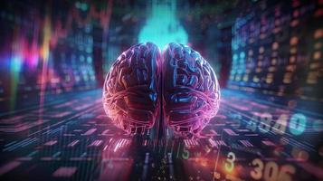 artificial intelligence background in the form of a human brain, against the background of graphs of numbers and calculations. Interaction between AI and humans. ai generation photo