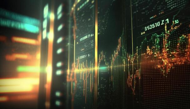 financial exchange background, digital futuristic style, flashing colorful lights, abstract graphs and numbers, ai generation photo