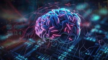 artificial intelligence background in the form of a human brain, against the background of graphs of numbers and calculations. Interaction between AI and humans. ai generation photo