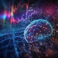 artificial intelligence background in the form of a human brain, against the background of graphs of numbers and calculations. Interaction between AI and humans. ai generation photo