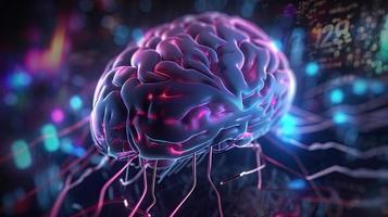 artificial intelligence background in the form of a human brain, against the background of graphs of numbers and calculations. Interaction between AI and humans. ai generation photo