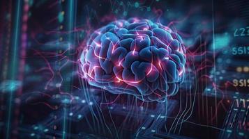 artificial intelligence background in the form of a human brain, against the background of graphs of numbers and calculations. Interaction between AI and humans. ai generation photo