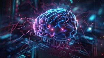 artificial intelligence background in the form of a human brain, against the background of graphs of numbers and calculations. Interaction between AI and humans. ai generation photo