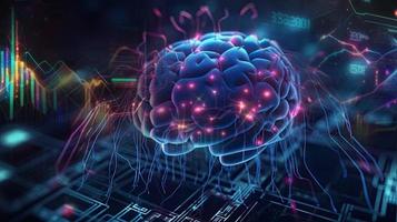artificial intelligence background in the form of a human brain, against the background of graphs of numbers and calculations. Interaction between AI and humans. ai generation photo