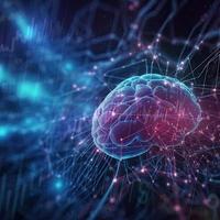 artificial intelligence background in the form of a human brain, against the background of graphs of numbers and calculations. Interaction between AI and humans. ai generation photo