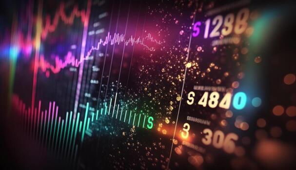 financial exchange background, digital futuristic style, flashing colorful lights, abstract graphs and numbers, ai generation photo