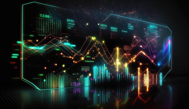 financial exchange background, digital futuristic style, flashing colorful lights, abstract graphs and numbers, ai generation photo