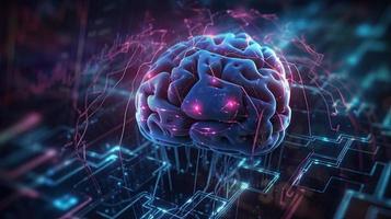 artificial intelligence background in the form of a human brain, against the background of graphs of numbers and calculations. Interaction between AI and humans. ai generation photo