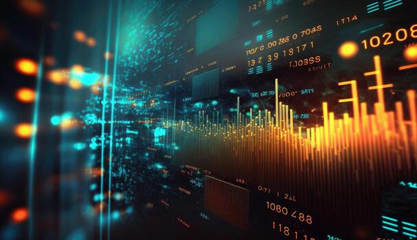 financial exchange background, digital futuristic style, flashing colorful lights, abstract graphs and numbers, ai generation photo