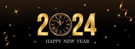 2024 Happy new year with Golden Texture Numbers, clock and light. vector