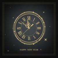 Happy New Year gold clock with Roman numeral and shiny lights and golden sparkles, frame. vector