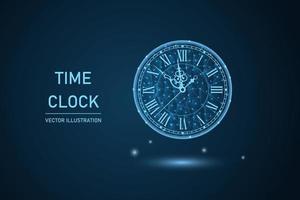 Happy New Year greeting card with glowing low poly roman numeral clock on dark blue background vector