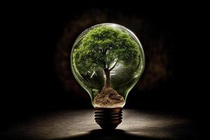 un verde árbol es representado dentro un ligero bulbo, junto a un energía recursos icono, representando el importancia de electricidad y energía conservación ai generativo foto