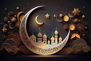 eid Mubarak fondo, mezquita en el luz de la luna a noche 3d ilustración, Arábica linternas, ai generativo. foto