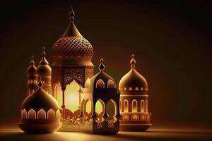 eid Mubarak fondo, mezquita en el luz de la luna a noche 3d ilustración, Arábica linternas, ai generativo. foto